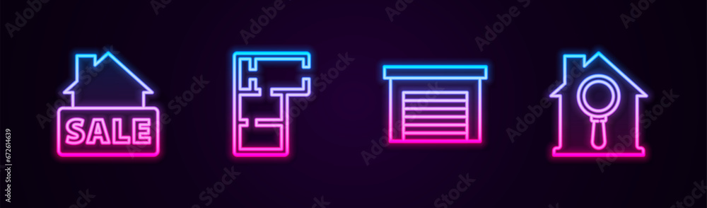 Set line Hanging sign with Sale, House plan, Garage and Search house. Glowing neon icon. Vector Set line Hanging sign with Sale, House plan, Garage and Search house. Glowing neon icon. Vector