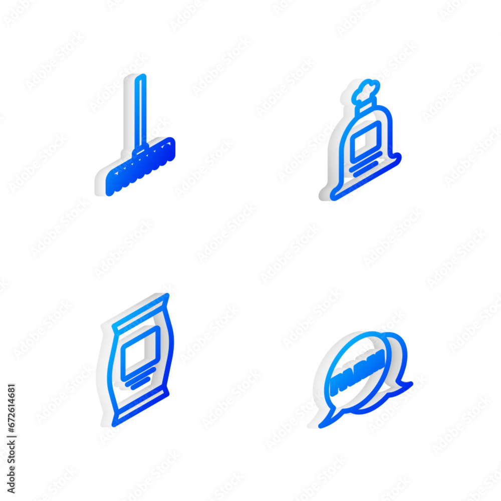 Set Isometric line Full sack, Garden rake, Fertilizer bag and Speech bubble with Farm icon. Vector Set Isometric line Full sack, Garden rake, Fertilizer bag and Speech bubble with Farm icon. Vector
