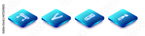 Set Isometric line Stretcher, Medical tweezers, Test tube with blood and otoscope tool icon. Vector