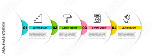 Set line Staircase, Paint roller brush, Washer and Man dreaming about buying house. Business infographic template. Vector