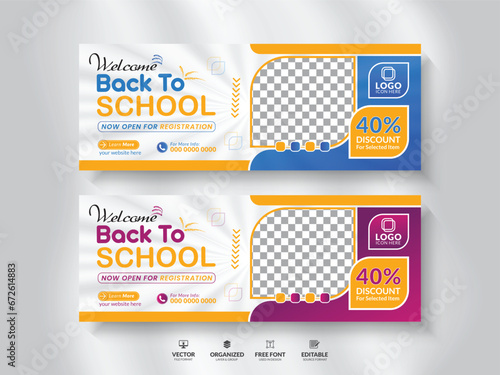 School education social media cover page layout & kids school admission web banner template design set. Admission web banner post or social media banner design. photo