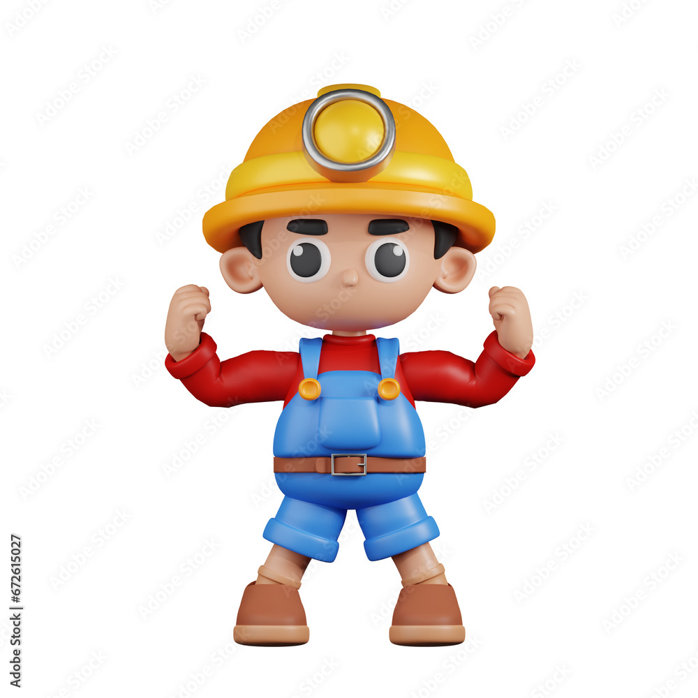 3d Character Miner Looking Strong Pose. 3d render isolated on transparent backdrop.