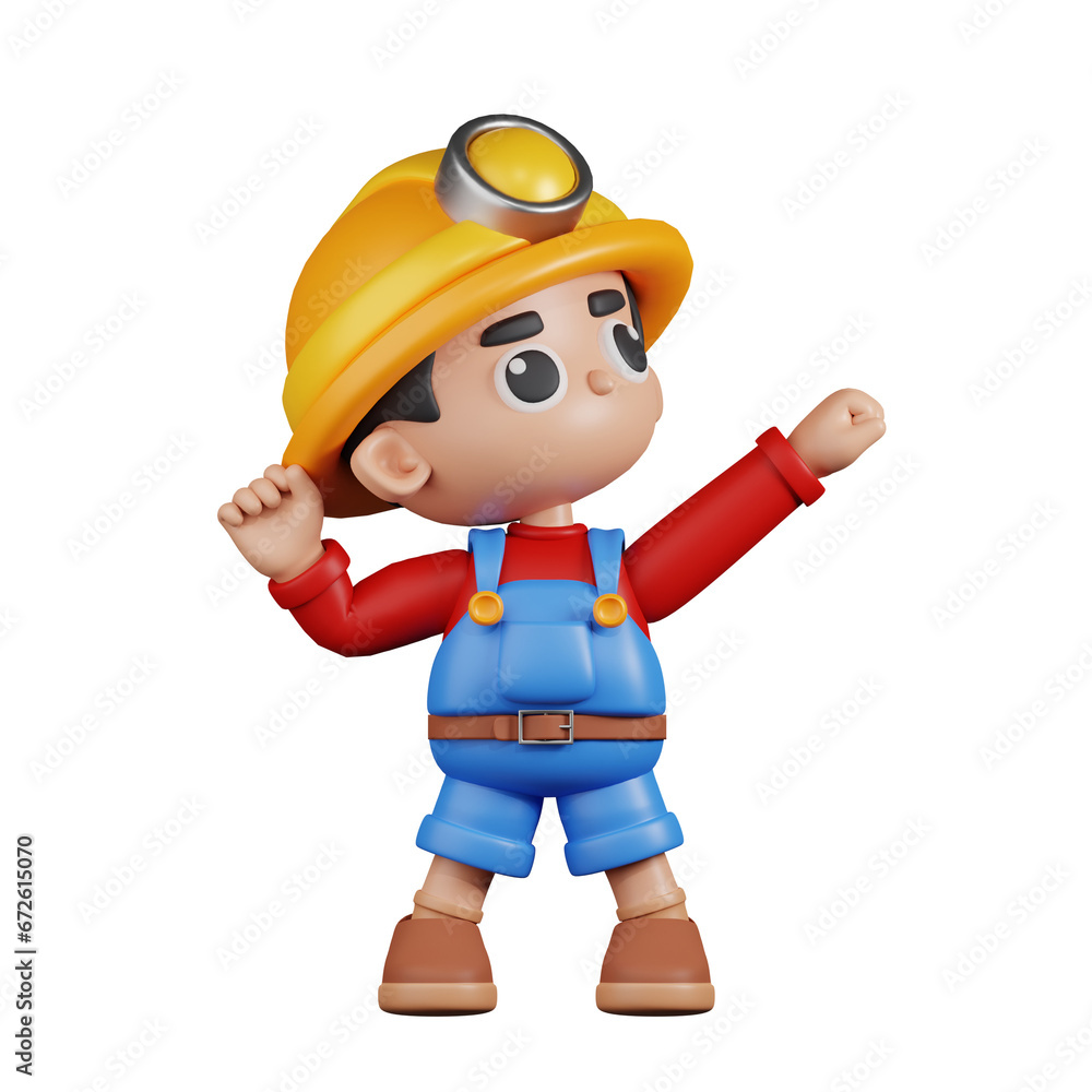 3d Character Miner Looking Victorious Pose. 3d render isolated on transparent backdrop. 3d Character Miner Looking Victorious Pose. 3d render isolated on transparent backdrop.