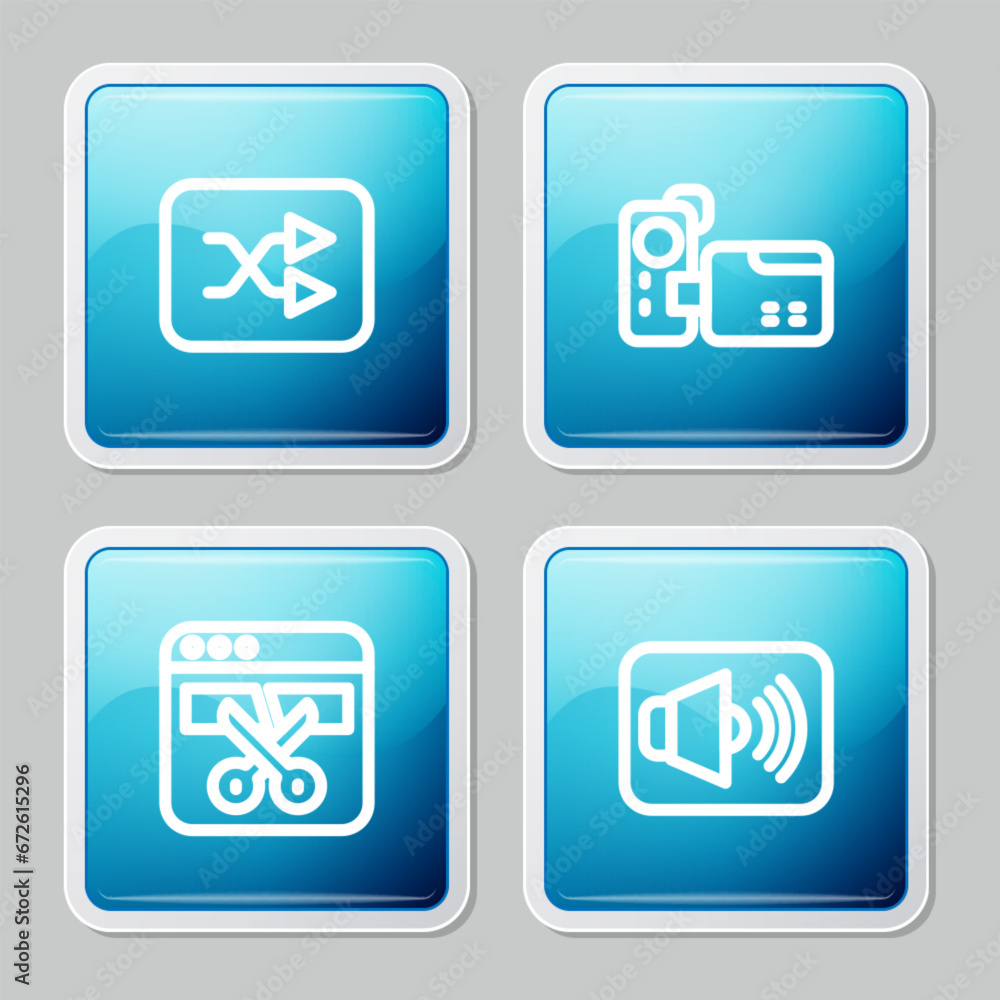 Set line Arrow shuffle, Cinema camera, Video recorder or editor and Speaker volume icon. Vector Set line Arrow shuffle, Cinema camera, Video recorder or editor and Speaker volume icon. Vector