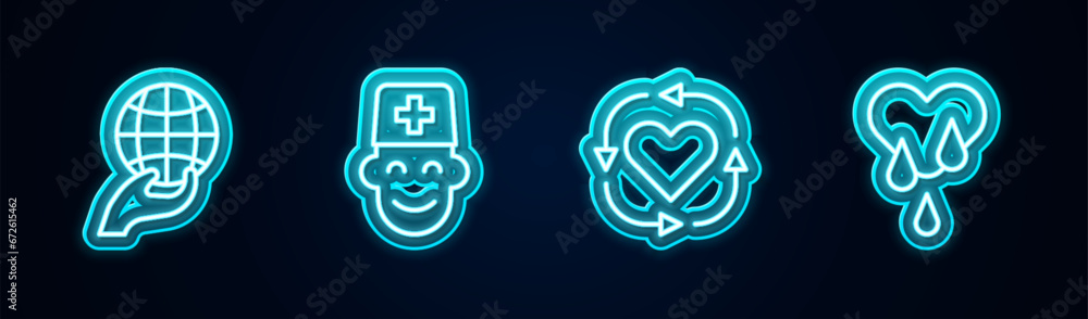 Set line Hand holding Earth globe, Male doctor, Volunteer and Blood donation. Glowing neon icon. Vector Set line Hand holding Earth globe, Male doctor, Volunteer and Blood donation. Glowing neon icon. Vector