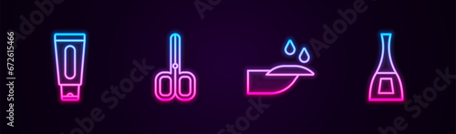 Set line Tube of hand cream, Nail scissors, manicure and Bottle nail polish. Glowing neon icon. Vector