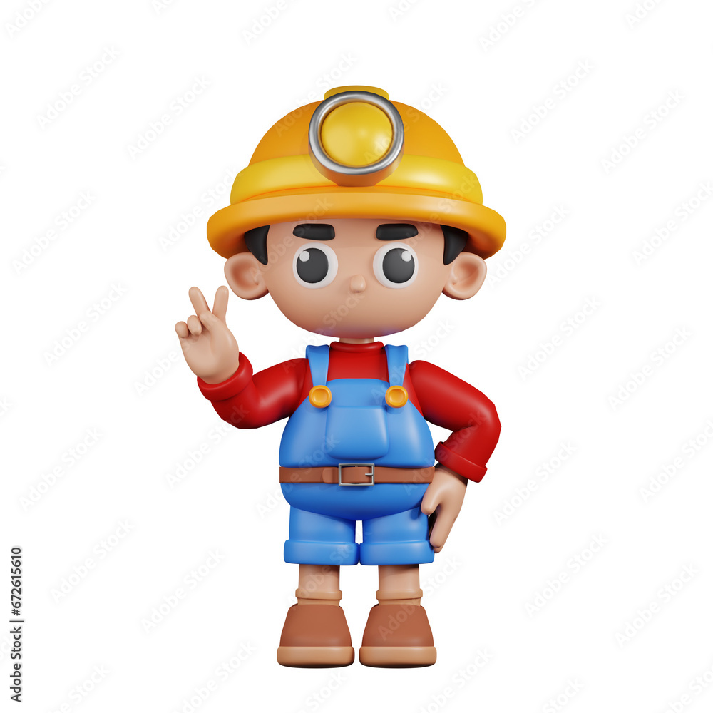 3d Character Miner Showing Peace Sign Pose. 3d render isolated on transparent backdrop. 3d Character Miner Showing Peace Sign Pose. 3d render isolated on transparent backdrop.