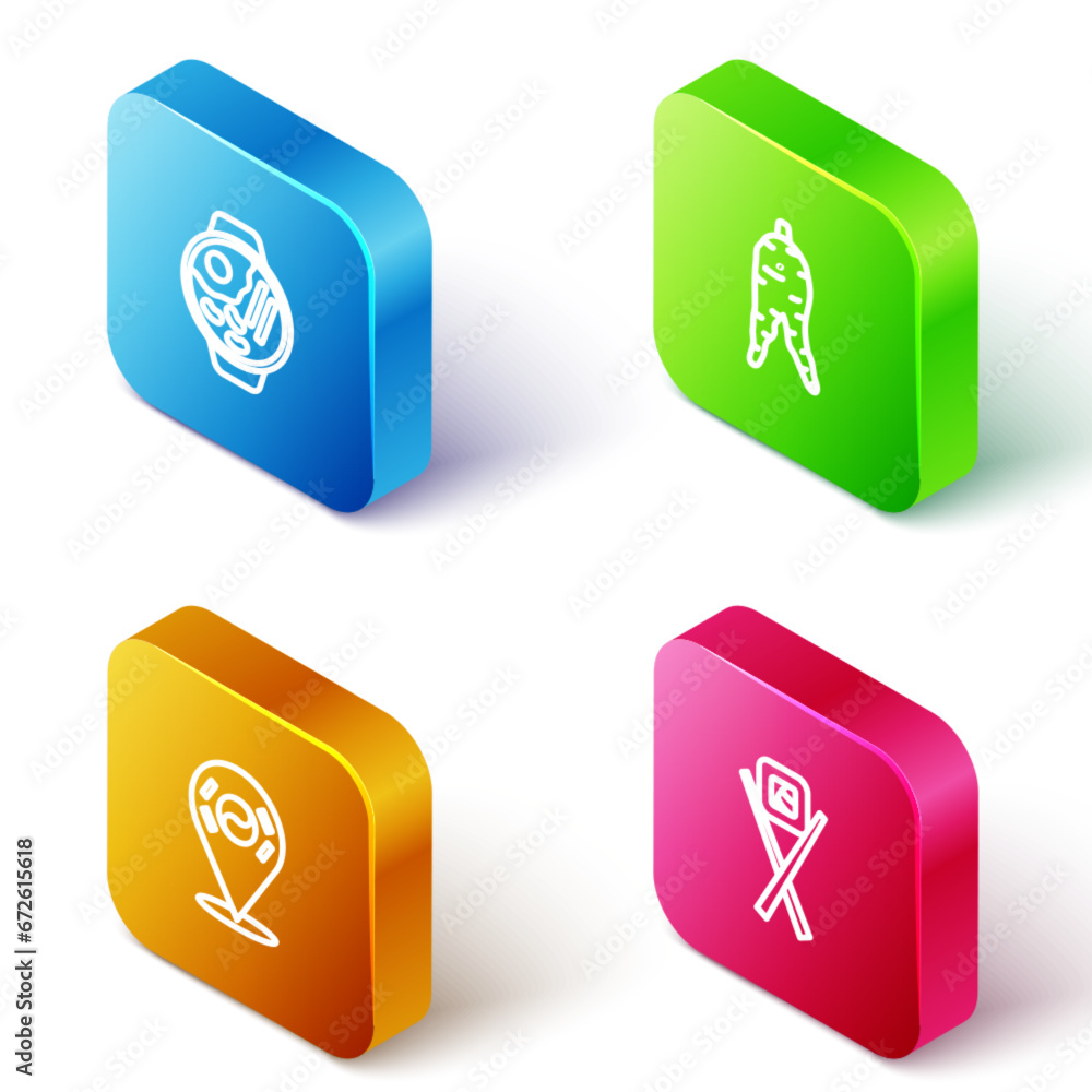 Set Isometric line Ramen, Ginseng root, Location South Korea and Sushi with chopsticks icon. Vector Set Isometric line Ramen, Ginseng root, Location South Korea and Sushi with chopsticks icon. Vector