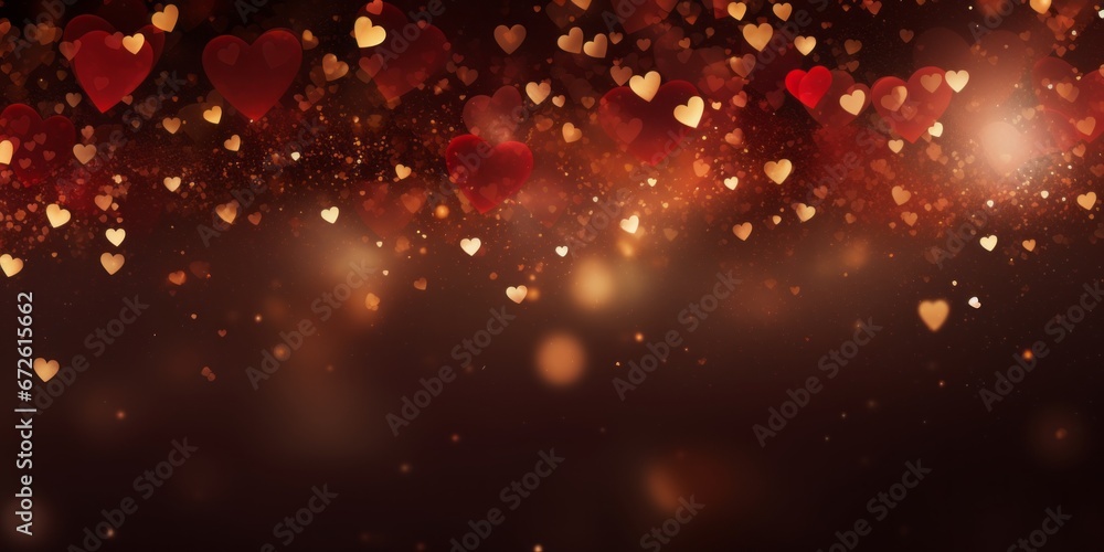 Golden bokeh in the shape of hearts on red background. Celebrating Valentine's day. - obrazy, fototapety, plakaty 