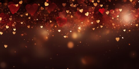 Golden bokeh in the shape of hearts on red background. Celebrating Valentine's day.