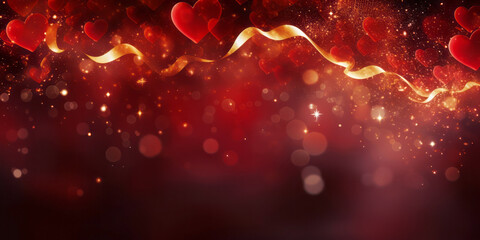 Golden bokeh in the shape of hearts on red background. Celebrating Valentine's day.
