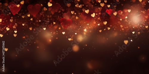 Golden bokeh in the shape of hearts on red background. Celebrating Valentine's day. photo