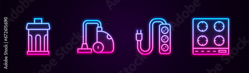 Set line Trash can, Vacuum cleaner, Electric extension and Gas stove. Glowing neon icon. Vector