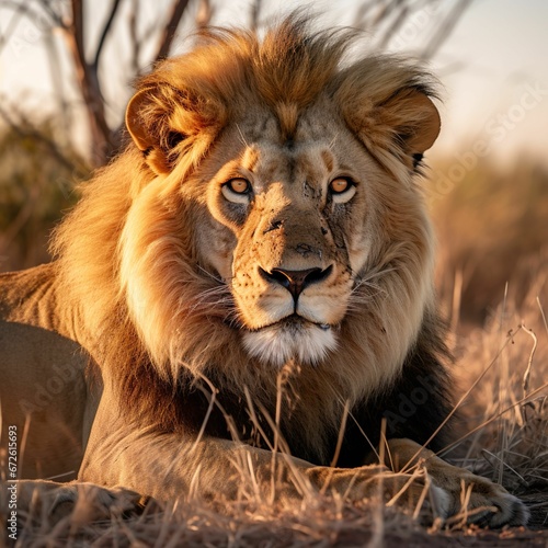 a large lion laying down in a grassy field with trees