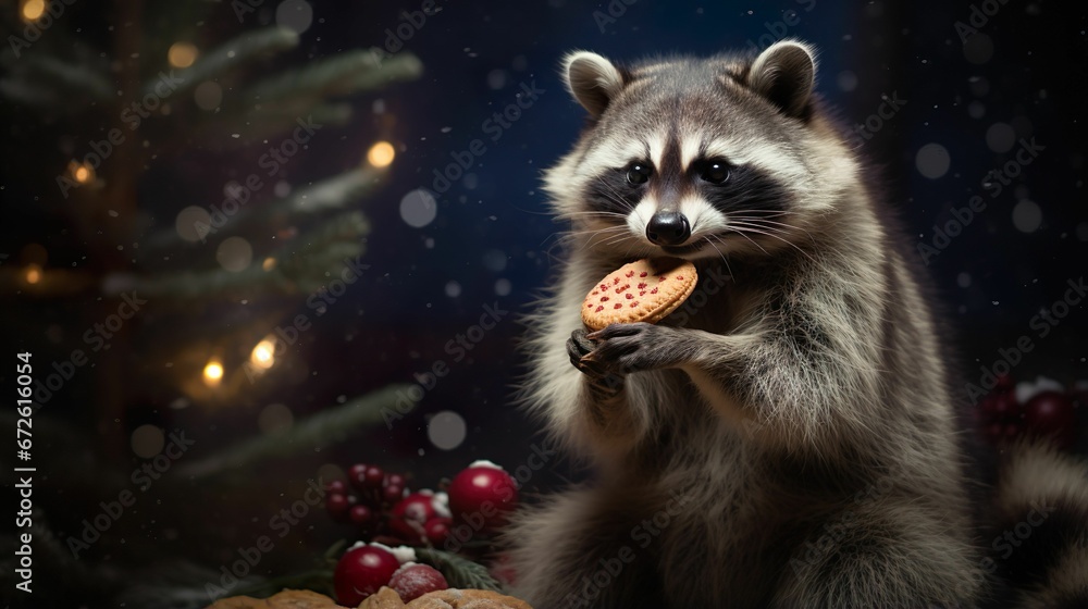 Obraz premium AI generated illustration of a raccoon eating Christmas cookies