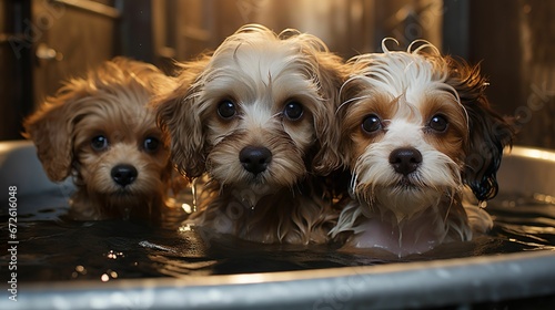 AI generated illustration of three dogs in a water tub