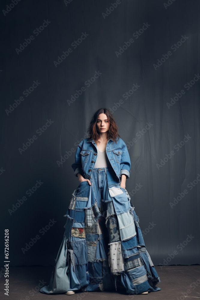 Famale model wearing an avant-garde, eco-friendly outfit composed entirely of recycled denim dress with various shades of blue denim pieced together in an artistic patchwork Famale model wearing an avant-garde, eco-friendly outfit composed entirely of recycled denim dress with various shades of blue denim pieced together in an artistic patchwork