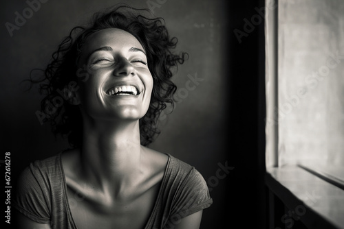 Portrait of a happy woman, is smiling broadly with her eyes closed, conveying a sense of joy or amusement. Joyful Resilience in the Journey to Mental Well-Being and health concept photo