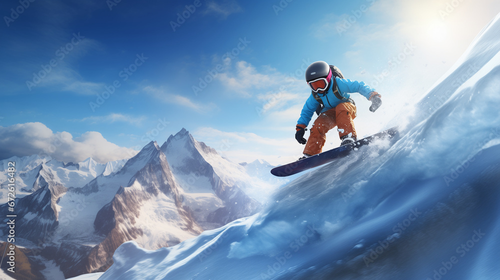 child snowboarding in winter mountains