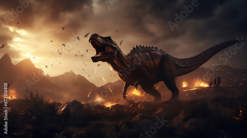 Illustration of the era of dinosaurs becoming extinct, ancient forest, meteors falling on the earth, dinosaurs running around, dramatic light and shadows, hyper realistic nature photo © Maizal