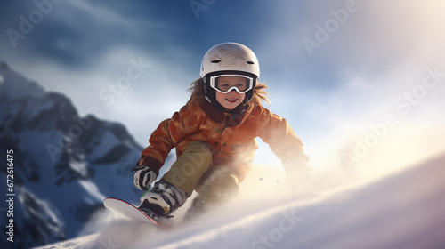 child snowboarding in winter mountains