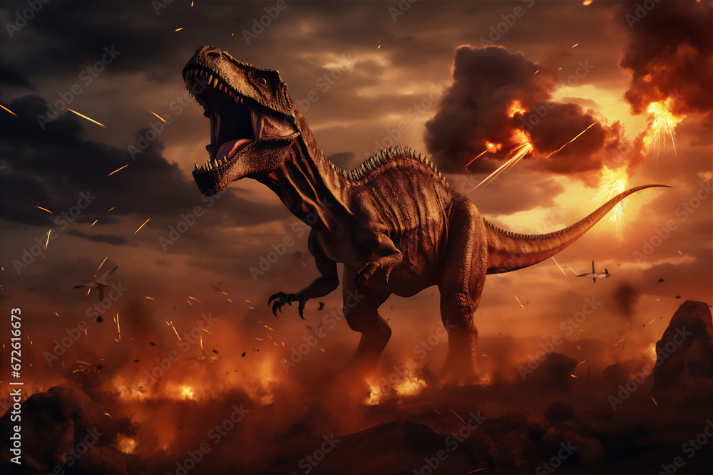 Illustration of the era of dinosaurs becoming extinct, ancient forest, meteors falling on the earth, dinosaurs running around, dramatic light and shadows, hyper realistic nature photo
