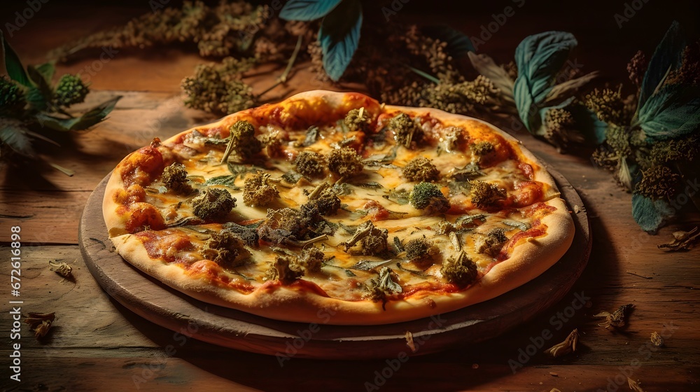 AI generated illustration of an appetizing pizza on a rustic wooden board surrounded by greens