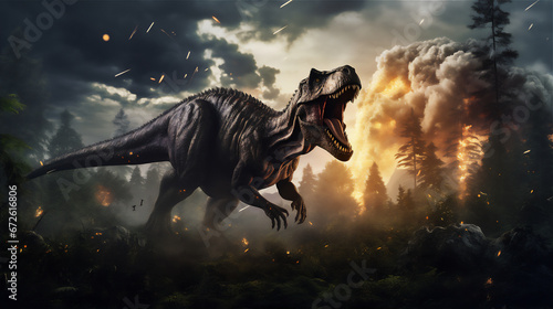 Illustration of the era of dinosaurs becoming extinct  ancient forest  meteors falling on the earth  dinosaurs running around  dramatic light and shadows  hyper realistic nature photo
