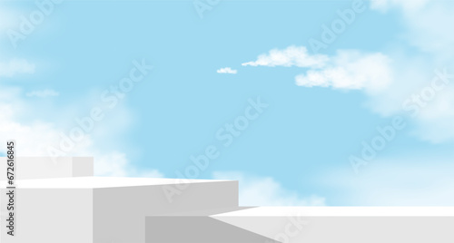 Sky Blue and Cloud Background,3D Podium Display Step on Summer Sky,Vector Scene White,Grey Platform Showcase Mockup for cosmetic product presentation,Website Banner for Spring,Summer Sale,Promote