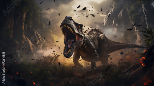 Illustration of the era of dinosaurs becoming extinct, ancient forest, meteors falling on the earth, dinosaurs running around, dramatic light and shadows, hyper realistic nature photo © Maizal
