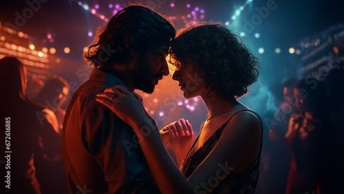 Love is in the air! Cute romantic couple dancing in a place with low lights. Handsome man and attractive young woman are in love, dancing all night. Made by generative AI.