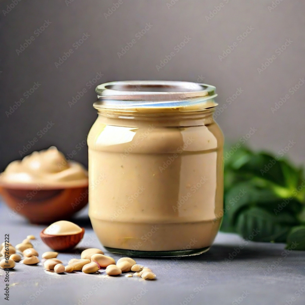 Jar of tasty tahini on light background. Created using generative AI tools Jar of tasty tahini on light background. Created using generative AI tools