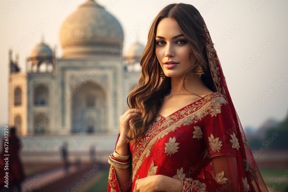 Beautiful Indian woman model in sari traditional dress with the Taj Mahal Palace in the background.