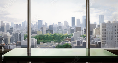 A working desk in front of a blurry background of an overlook through a large window. Outside is a huge city with skyscrapers, cityscape.