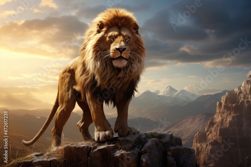 A burly male lion standing high on a rocky mountain.