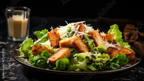 Yummy Caesar salad with grilled chicken and croutons