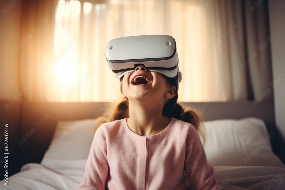 Happy cute girl man wearing VR headset on bed Happy cute girl man wearing VR headset on bed