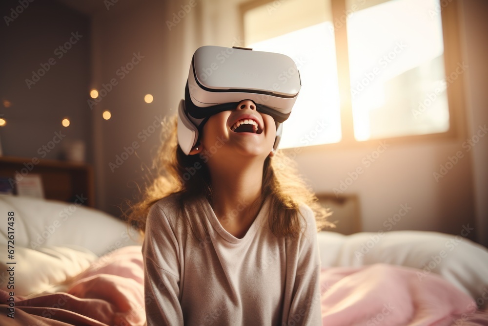 Happy cute girl man wearing VR headset on bed