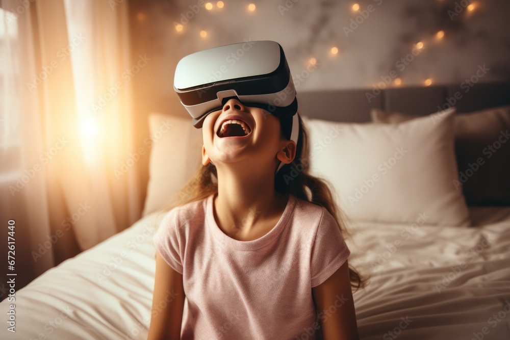 Happy cute girl man wearing VR headset on bed Happy cute girl man wearing VR headset on bed
