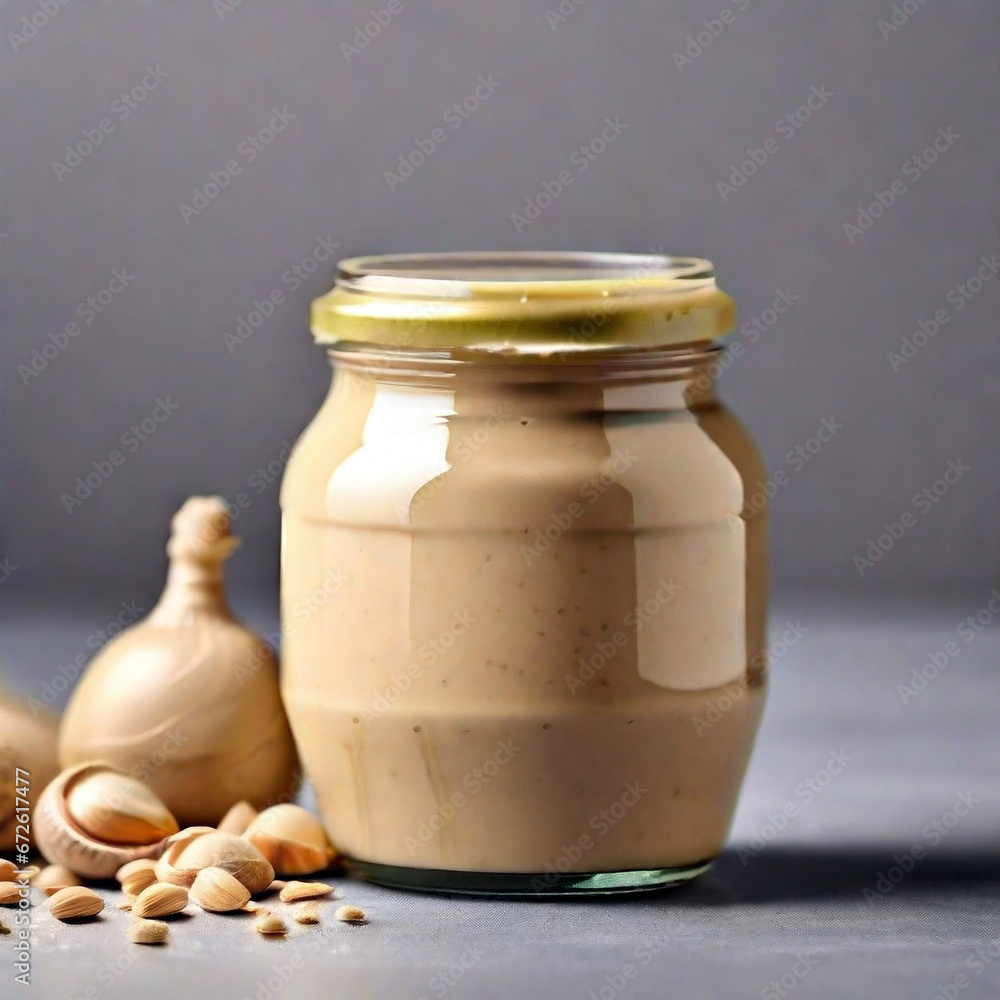 Jar of tasty tahini on light background. Created using generative AI tools Jar of tasty tahini on light background. Created using generative AI tools