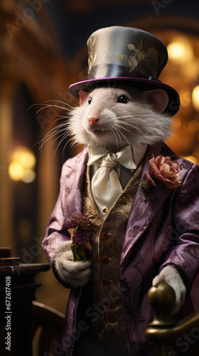 Cute rat in a hat and a suit with a bow. Anthropomorphic animals.