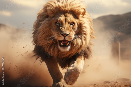 A burly male lion running on the ground