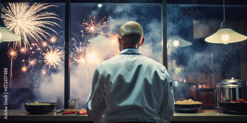 Chef in whites by window watching fireworks post-service.