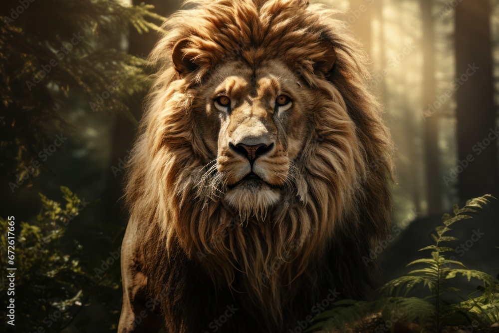 Fototapeta premium The burly lion runs in the forest.