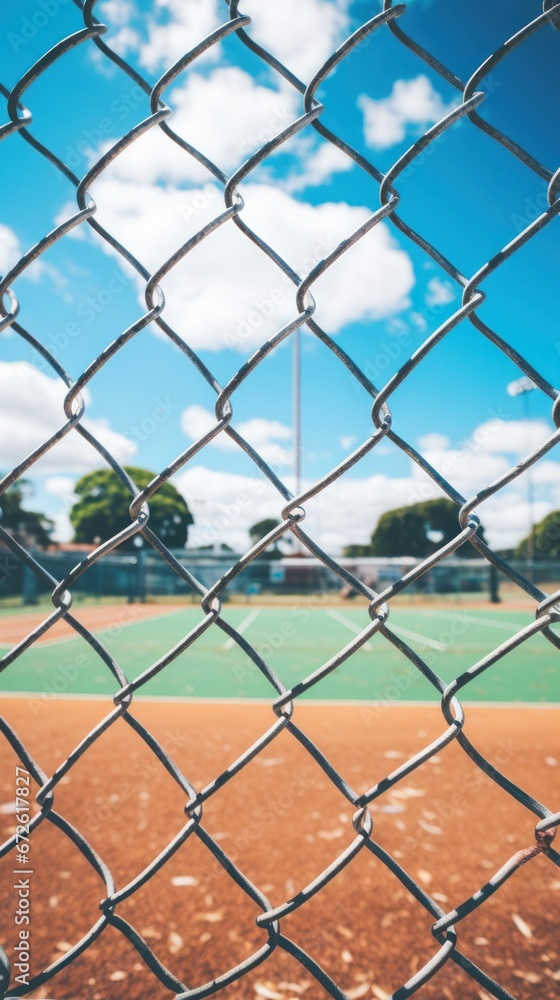 Fototapeta premium Chainlink wire mesh fence in front of the garden and lawn
