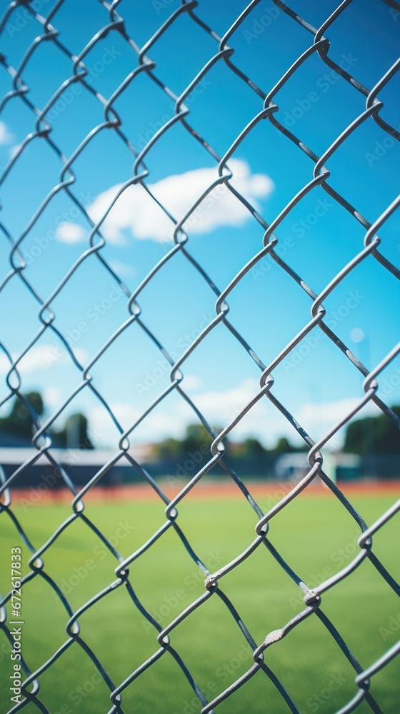 Fototapeta premium Chainlink wire mesh fence in front of the garden and lawn