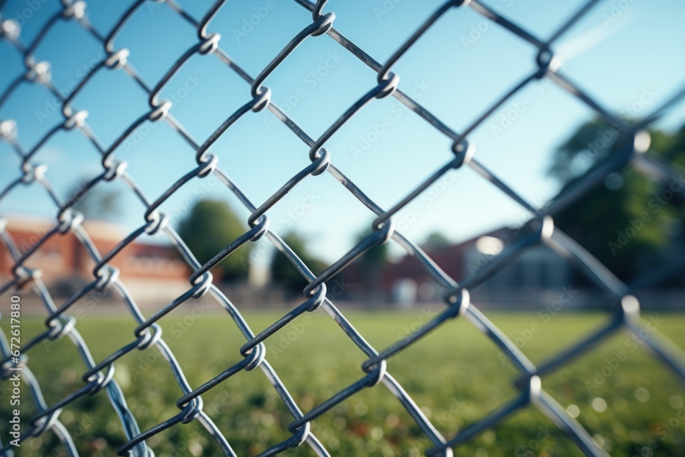 Chainlink wire mesh fence in front of the garden and lawn Chainlink wire mesh fence in front of the garden and lawn