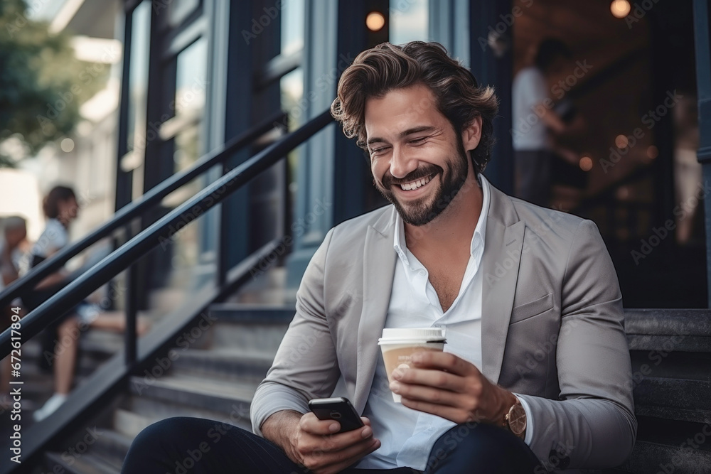 Happy elegant man holding a smartphone and coffee drinking out Happy elegant man holding a smartphone and coffee drinking out