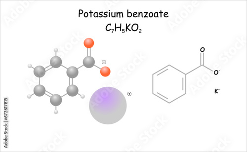 Potassium benzoate. Stylized molecule model and structural formula.