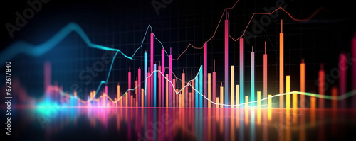 Abstract financial graph with up trend line candlestick chart in stock market on neon light colour background